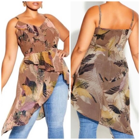 City Chic Tops - City Chic Brown Palm Leaves Sheer High-Low Top size XL